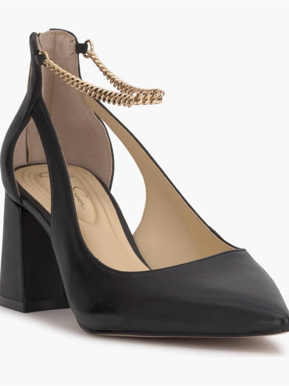 NWOB Jessica Simpson Black Leather Chain-Ankle Block Heel Pumps Size 5